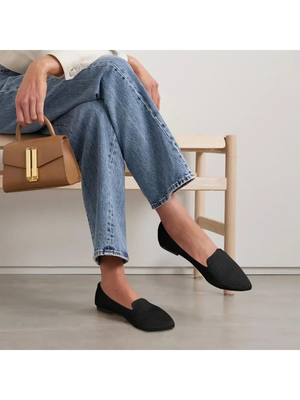 Women's Black Pointed Toe Knit Ballet Flats Washable Important Work Shoes